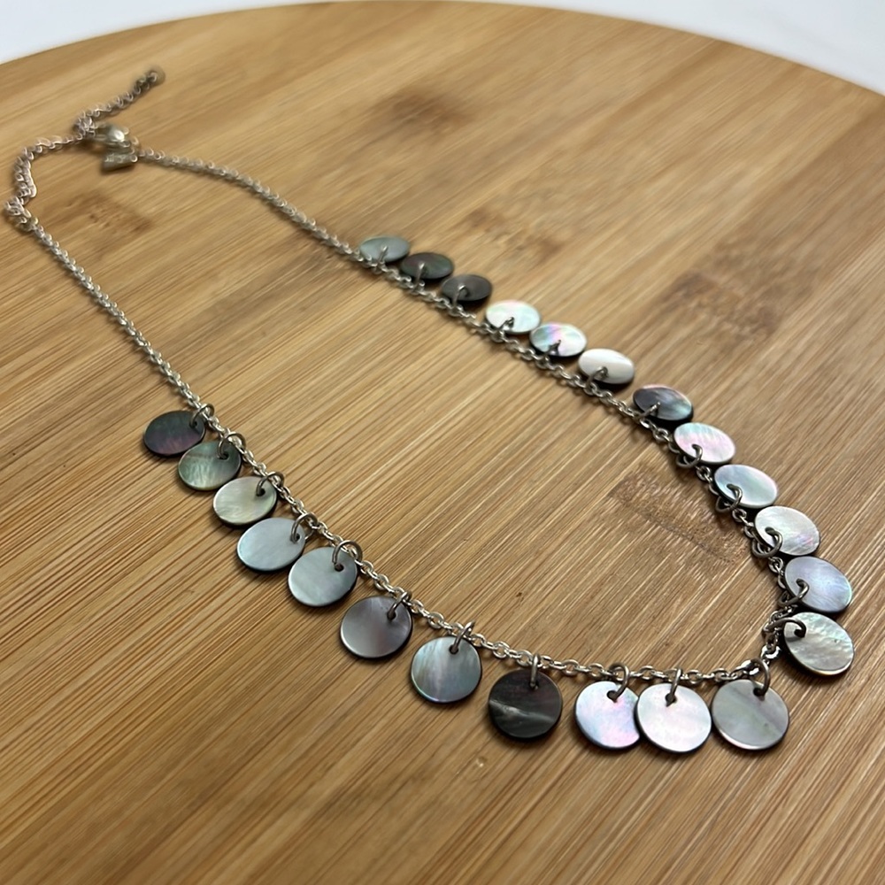 Vintage Cookie Lee Abalone Shell Necklace Round Dangle Shells on Silver Chain
